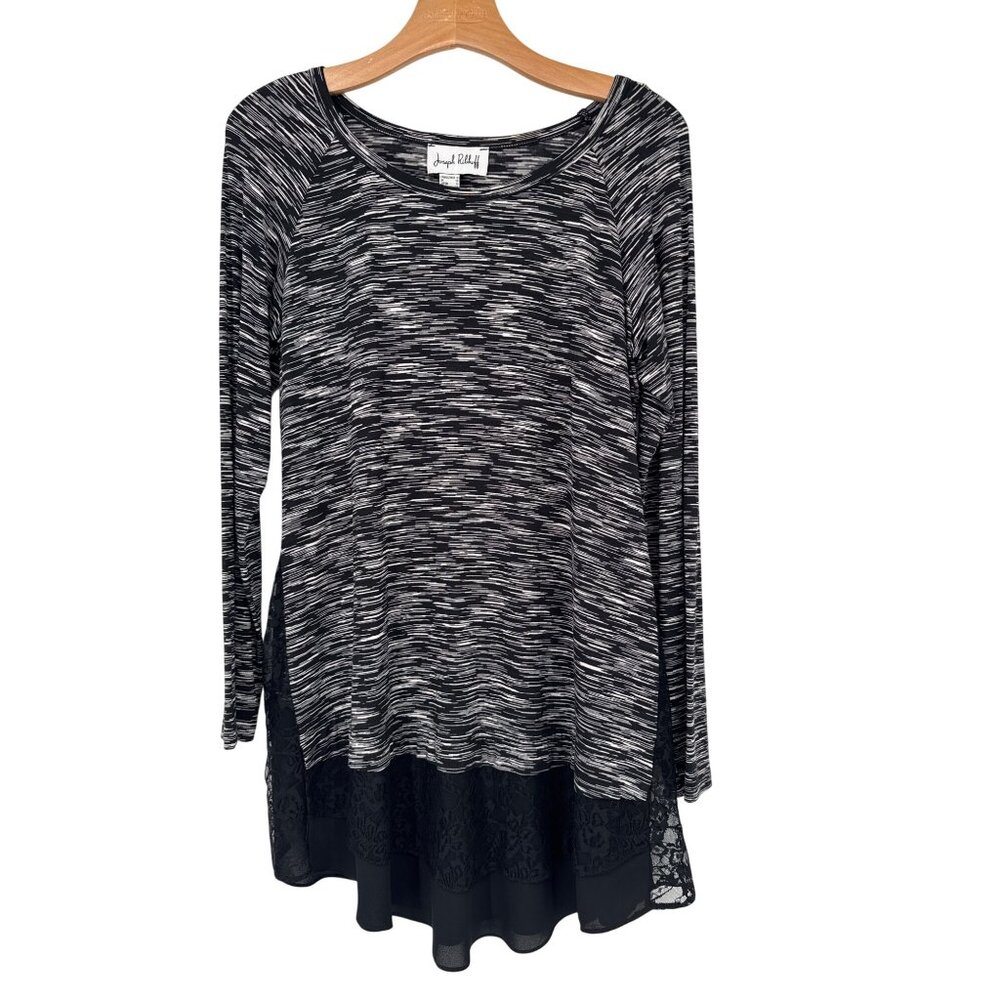 Joseph Ribkoff Womens top Black Long-Sleeve Tunic Lace Hem Striped knit Size 8